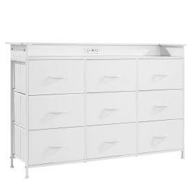 9 Drawer Dresser Tall Fabric Drawer Dresser with Bin LED & Outlet White