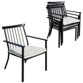 Set of 4 Outdoor Patio Chairs, Integrated Stackable Wrought Iron Furniture Dining Chairs with Arms and Cushions, Indoor Outdoor Chairs for Porch,