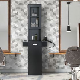 Wall Mounted Barber Station;  Salon Station with Locking Drawer;  Glass Door;  Storage Cabinets;  Dryer Holders;  Wood Hair Styling Equipment;  B
