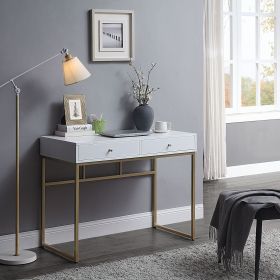 Black / White and Gold Desk;  Wooden Computer Desk with 2 Storage Drawers and Solid Metal Legs;  Simple Study Makeup Vanity Console Table Modern