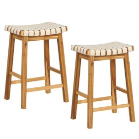 Faux PU Leather Bar Stools Set of 2 with Woven Curved Seat Natural