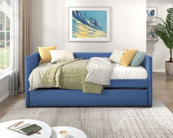 1pc Daybed with Trundle Blue Fabric Upholstery Wooden Frame Modern Home Furniture