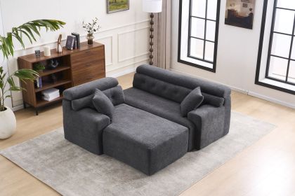 LY-029B GREY COMPRESSION SOFA: Combining chaise longue with 3-seater, Wood Grain Chenille fabric, full sponge compression sofa
