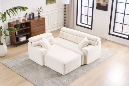 LY-029B WHITE COMPRESSION SOFA: Combining chaise longue with 3-seater, Wood Grain Chenille fabric, full sponge compression sofa