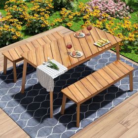 3 Pieces Acacia Wood Table Bench Dining Set For Outdoor & Indoor Furniture With 2 Benches, Picnic Beer Table for Patio, Porch, Garden, Poolside (Color: Acacia Wood, Material: Acacia Wood)
